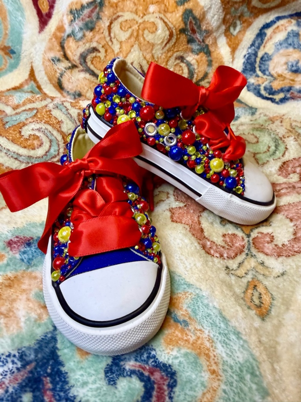 Kids Blue and Red Beaded Sneakers with Red Ribbon Laces